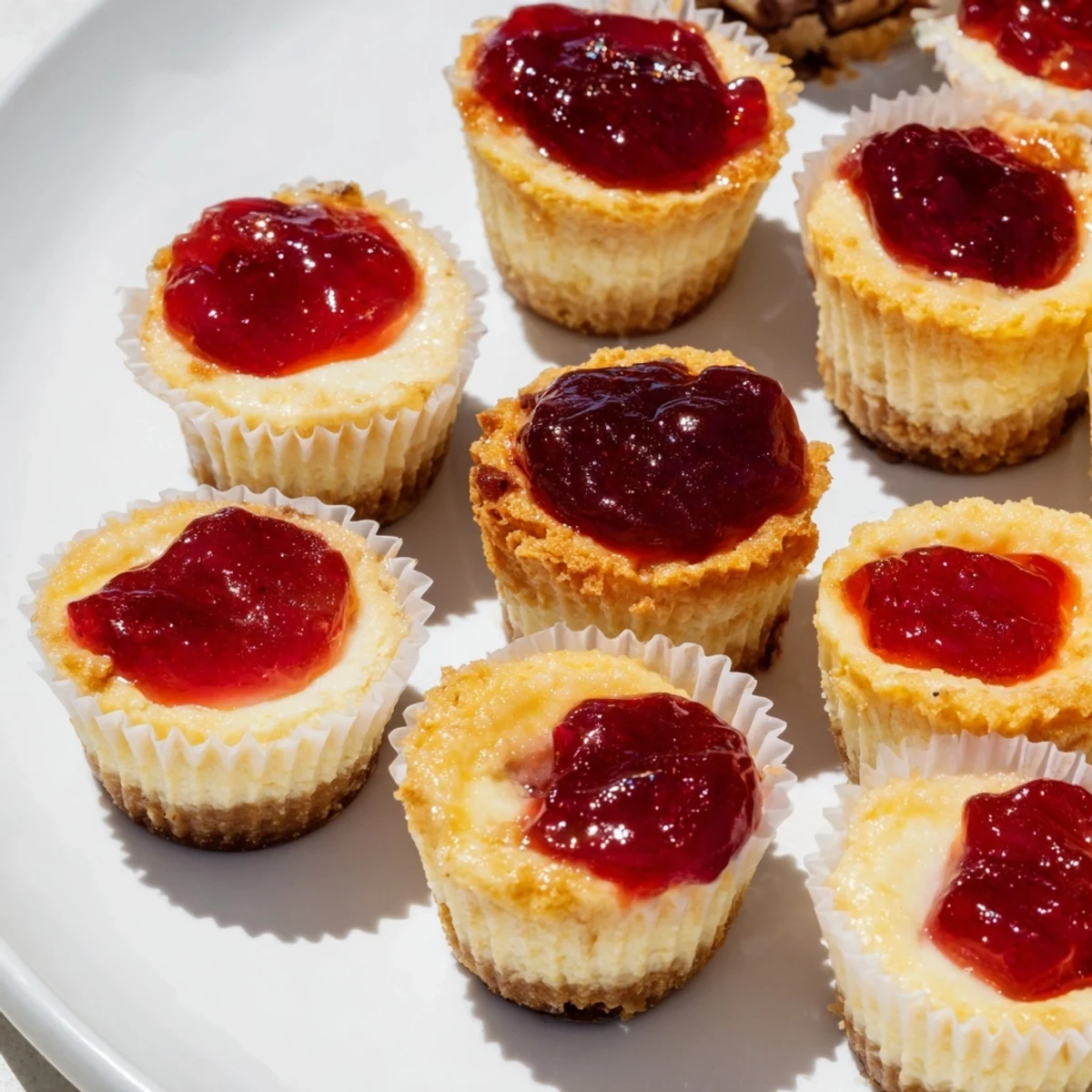 Leckere Quark-Cheesecake-Bissen mit knusprigem Keksboden, frisch aus dem Kühlschrank serviert.