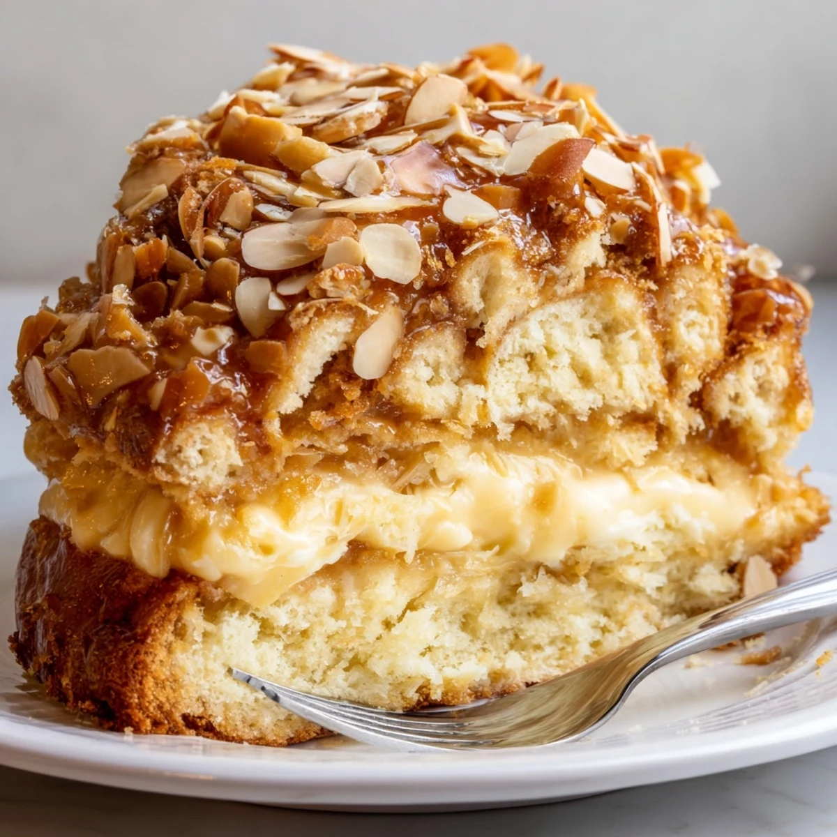 Ein Stück Bee Sting Cake, golden gebacken, duftet verführerisch nach Honig und Mandeln.