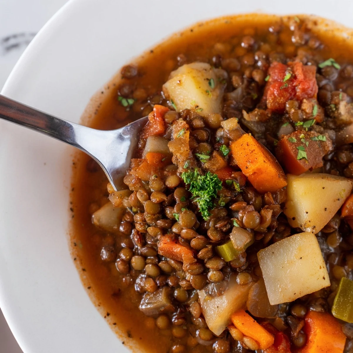 Herzhaftes, nahrhaftes Linseneintopf-Rezept mit frischem Gemüse und Gewürzen.  
