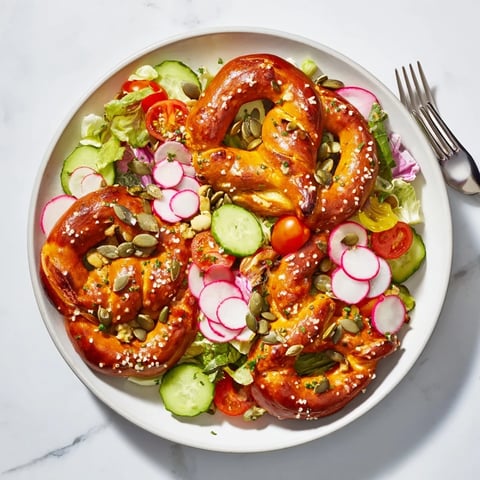 Bayerischer Brezelsalat mit bunten frischen Gemüse und knusprigen Brezenstücken angerichtet.  